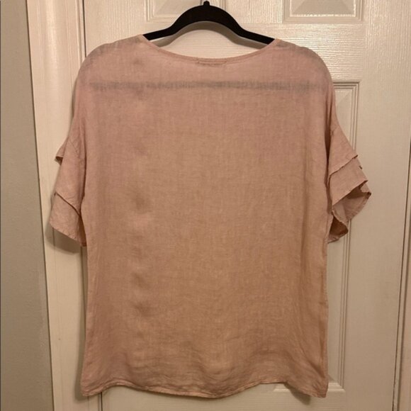 Elegant Floral Soft Pink Blouse 100% Linen #94 - Picture 4 of 8